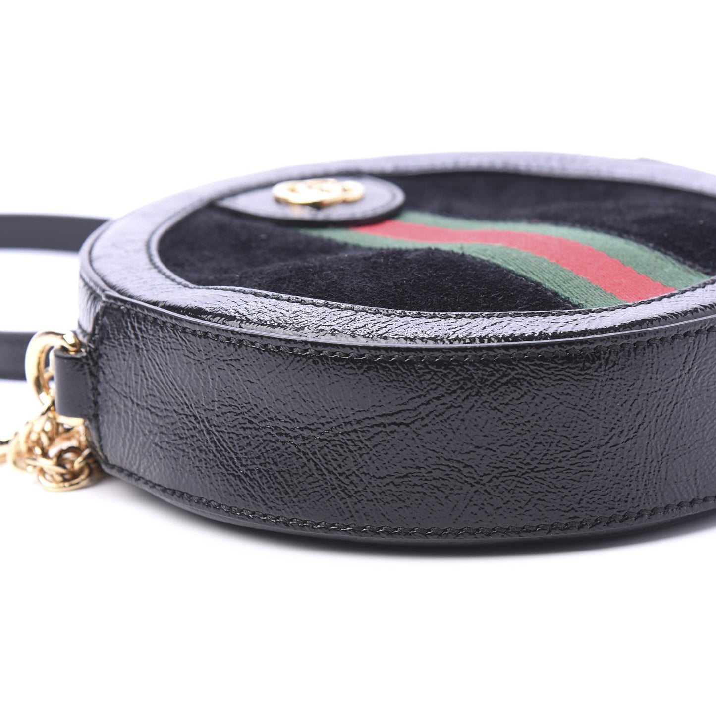 Suede Patent Web Mini Ophidia Round Shoulder Bag Black