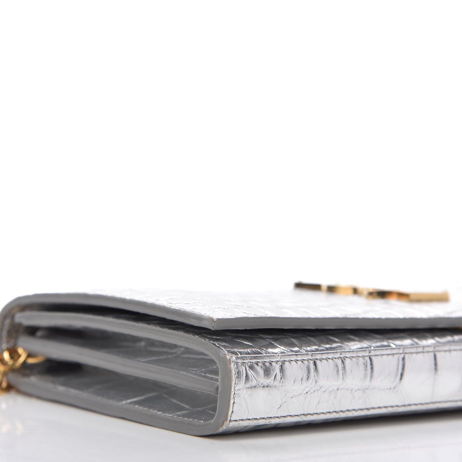 Saint Laurent Calfskin Crocodile Embossed Monogram Chain Wallet Argento 6 of 9