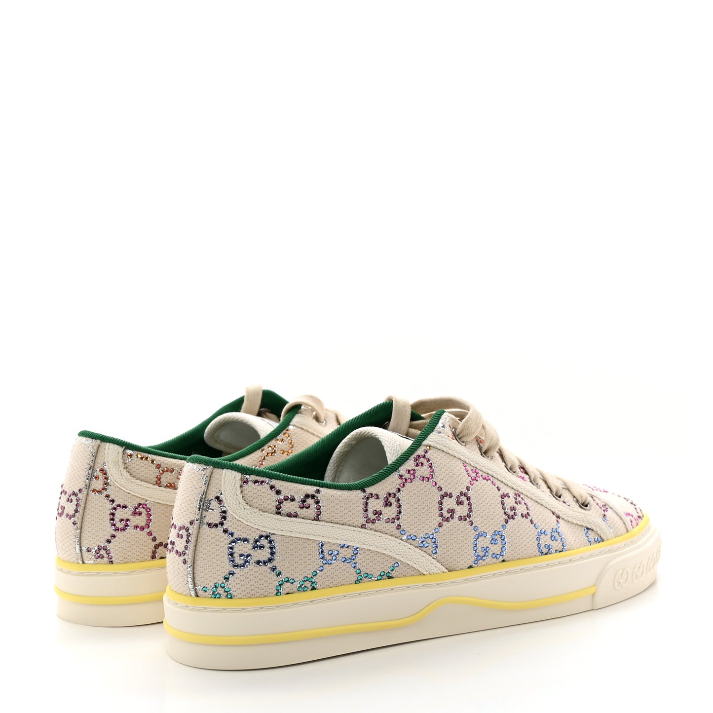 Canvas Lame Crystal GG Monogram Womens 1977 Tennis Sneakers 39.5 Gardenia Silver Mystic White