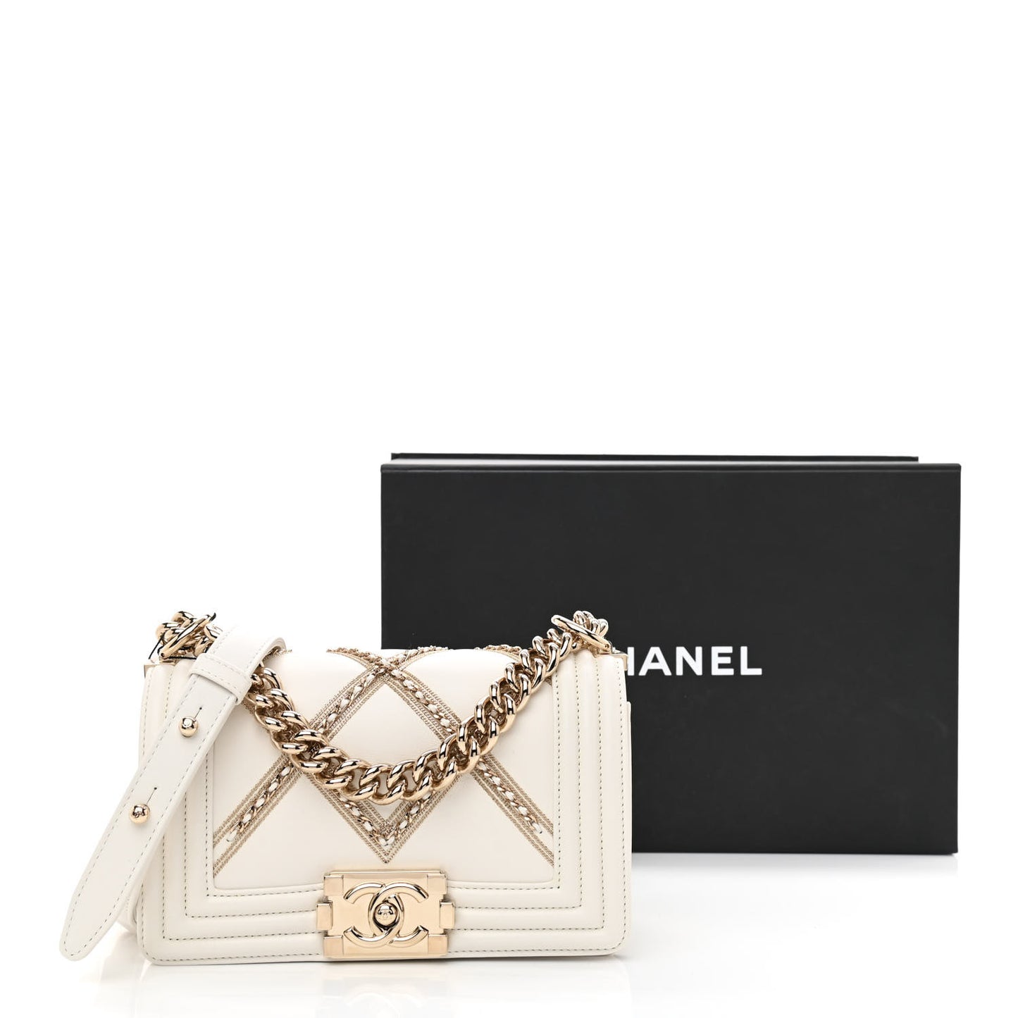 Calfskin Quilted Chain Embellished Small Boy Flap White