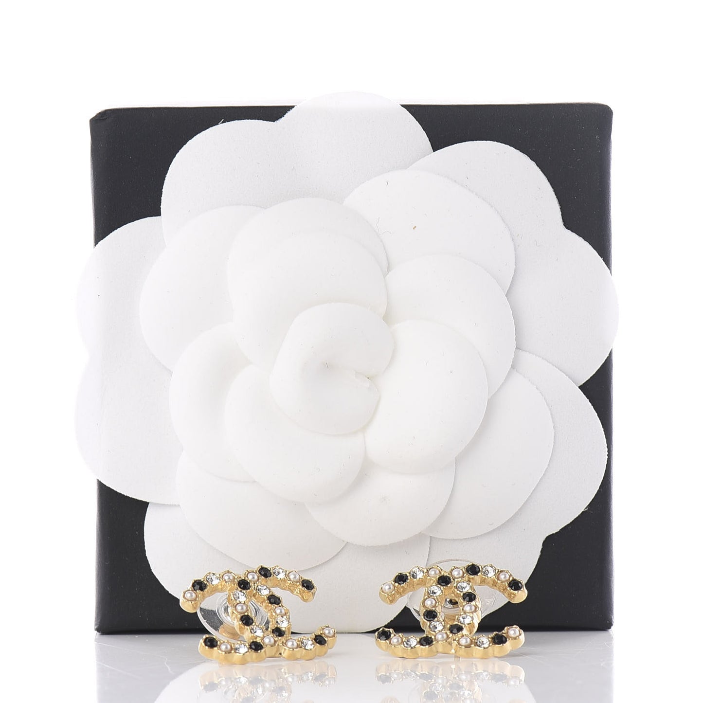 Resin Pearl Crystal CC Earrings Gold Black