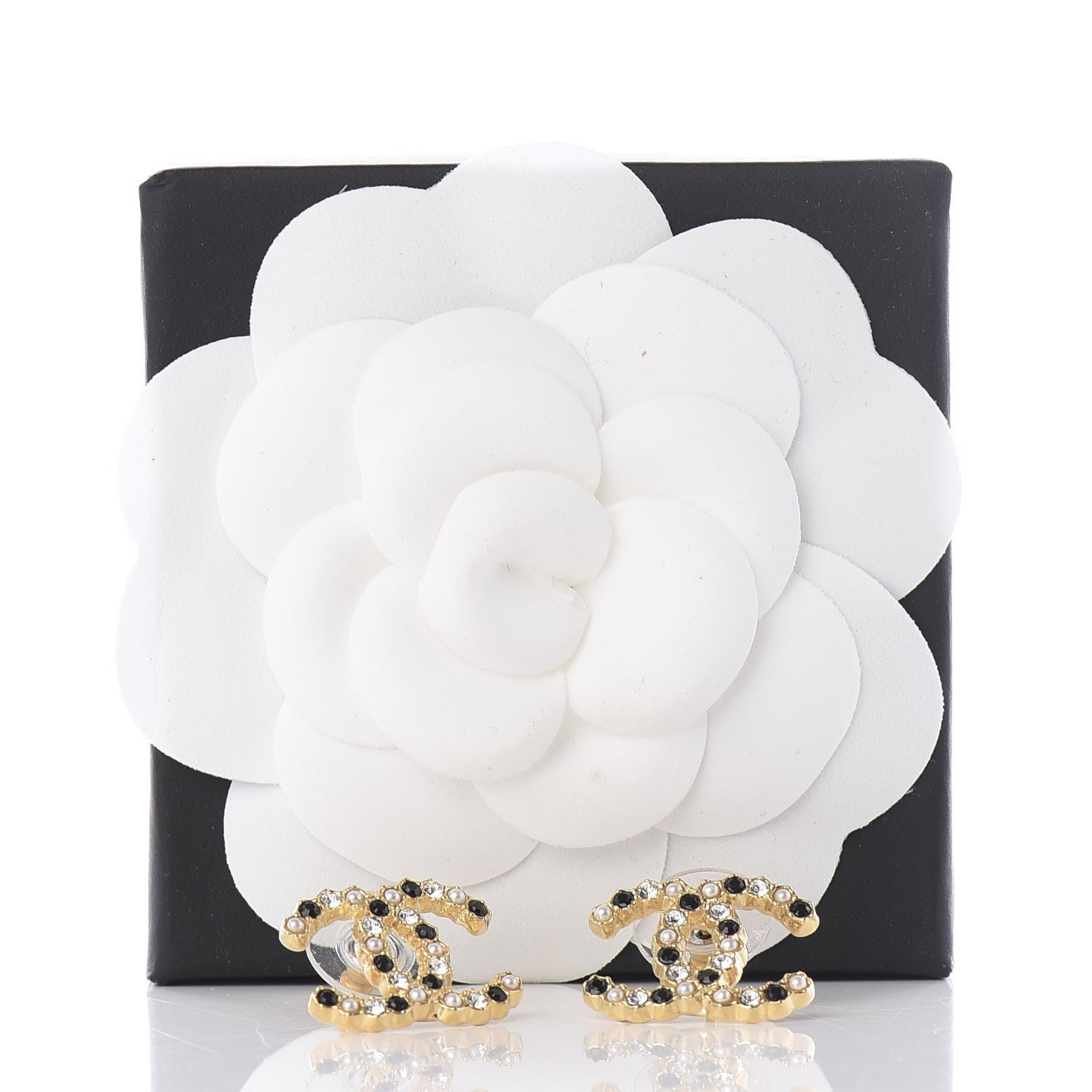 Chanel Resin Pearl Crystal CC Earrings Gold Black 5 of 5