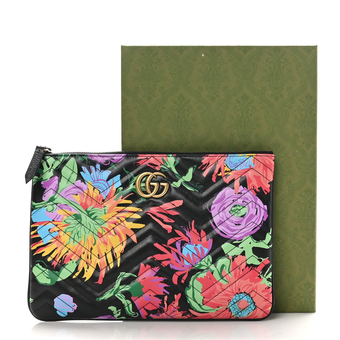 X KEN SCOTT Calfskin Matelasse Floral Print GG Marmont Zip Pouch Black