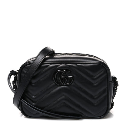 Gucci Calfskin Matelasse Monochrome Mini GG Marmont Chain Shoulder Bag Black 1 of 11