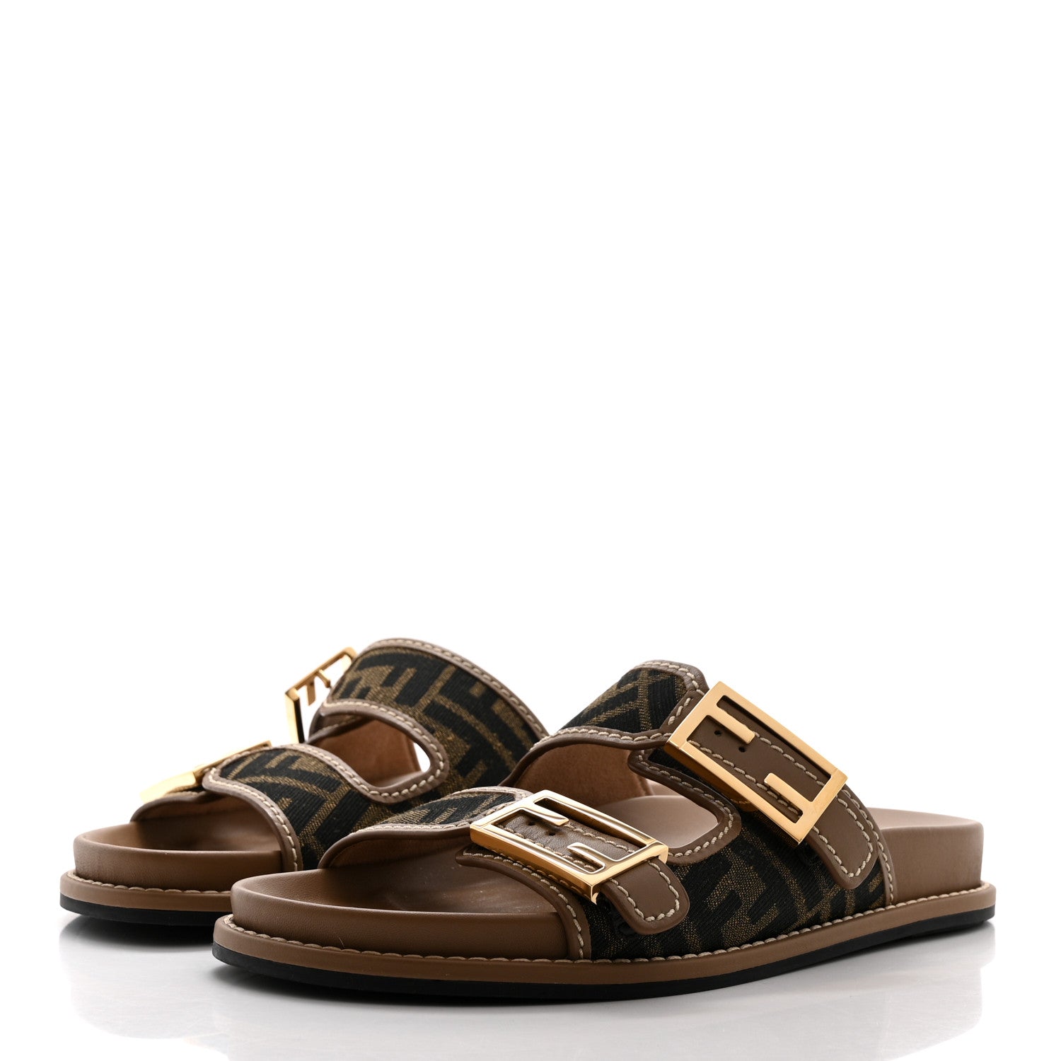 Fendi Fabric Jacquard Nappa FF Womens Fendi Feel Buckled Slide Sandals 37.5 Tobacco Black Miele Scuro 3 of 7
