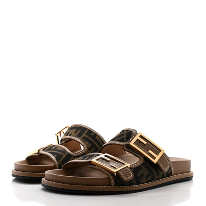 Fendi Fabric Jacquard Nappa FF Womens Fendi Feel Buckled Slide Sandals 37.5 Tobacco Black Miele Scuro 3 of 7