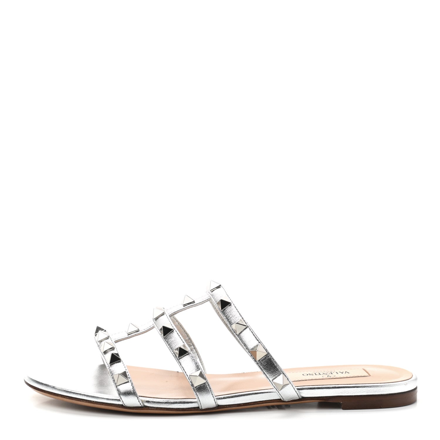 Valentino Garavani Metallic Nappa Rockstud Caged Flat Slide Sandals 35.5 Silver 1 of 8