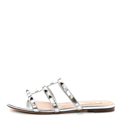Valentino Garavani Metallic Nappa Rockstud Caged Flat Slide Sandals 35.5 Silver 1 of 8