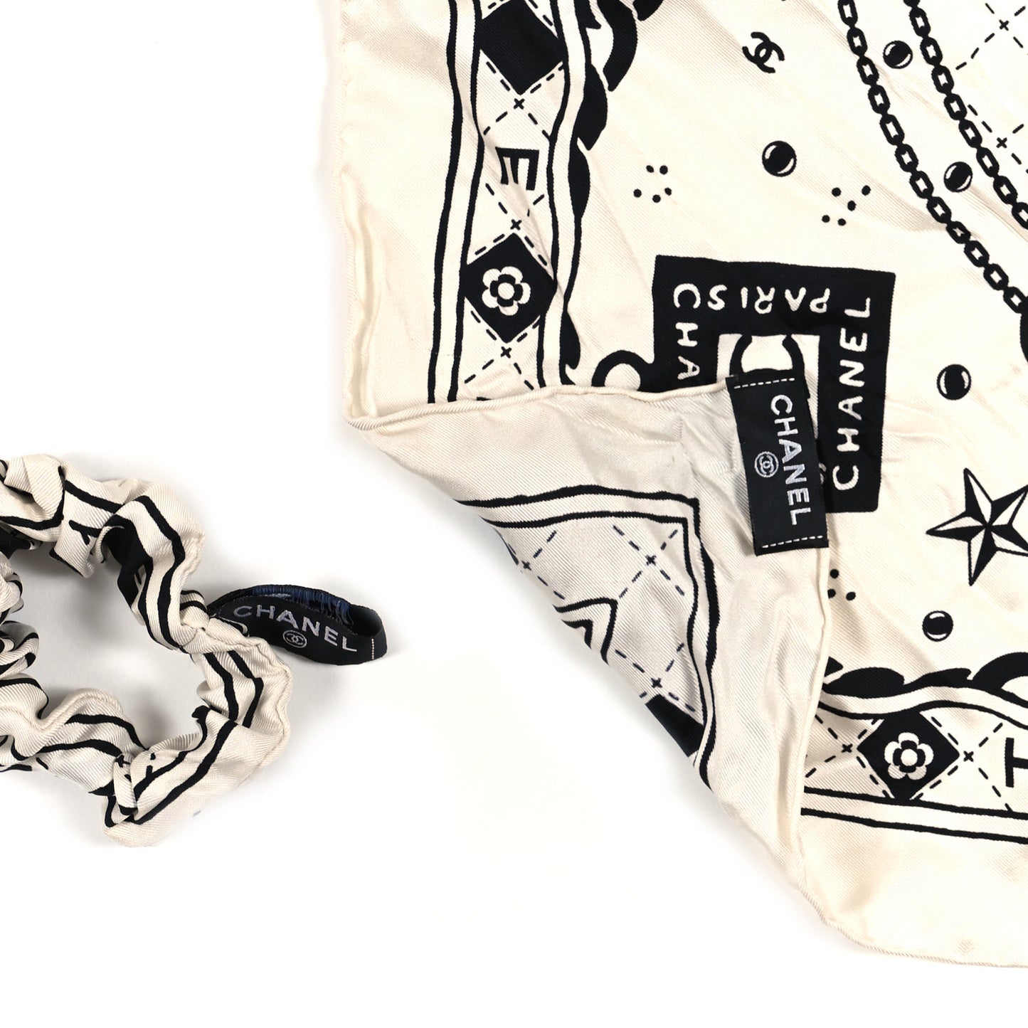 Silk Twill Square Scarf Hair Tie White Black