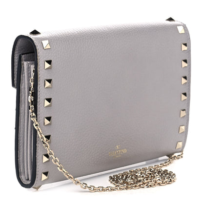 Valentino Garavani Pebbled Calfskin Rockstud Envelope Wallet on Chain Grey 3 of 8