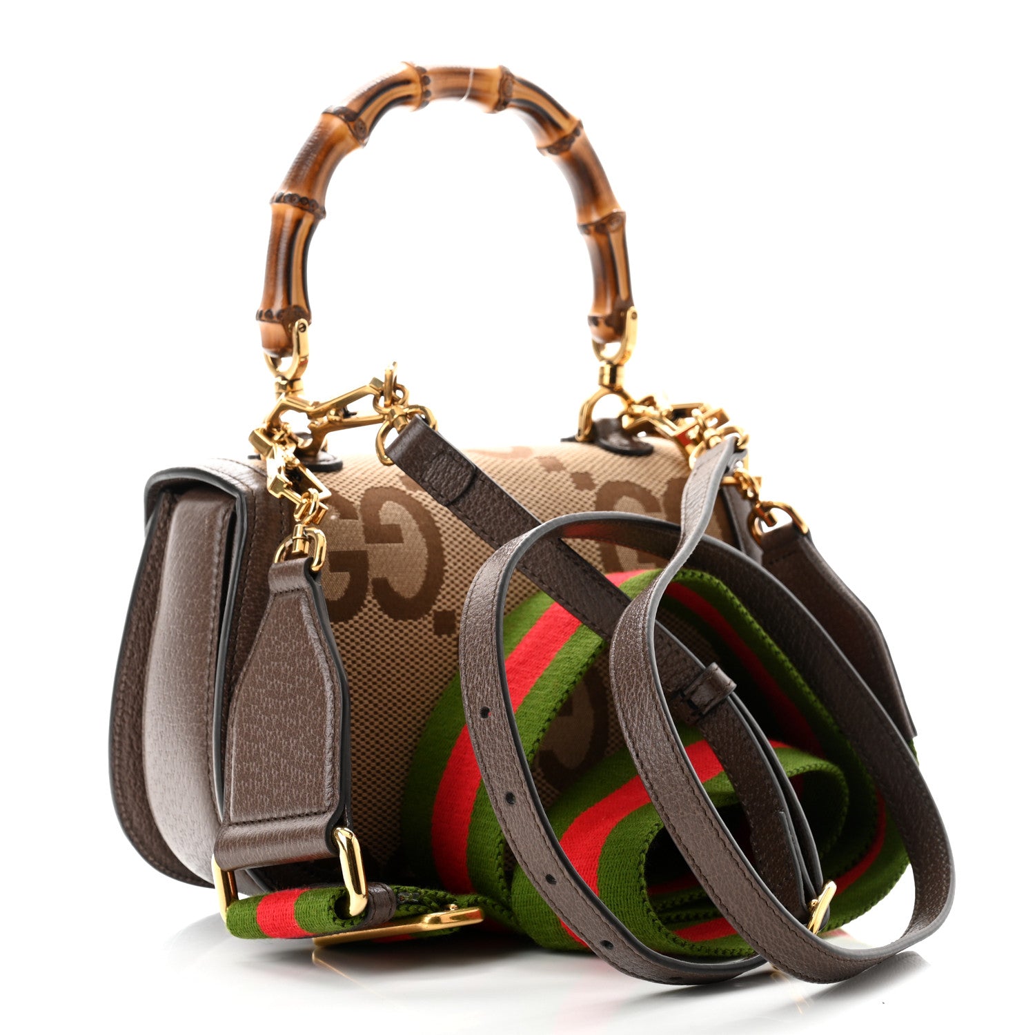 Gucci Monogram Jumbo GG Textured Dollar Calfskin Web Small Bamboo 1947 Top Handle Bag Camel Ebony New Acero 3 of 10