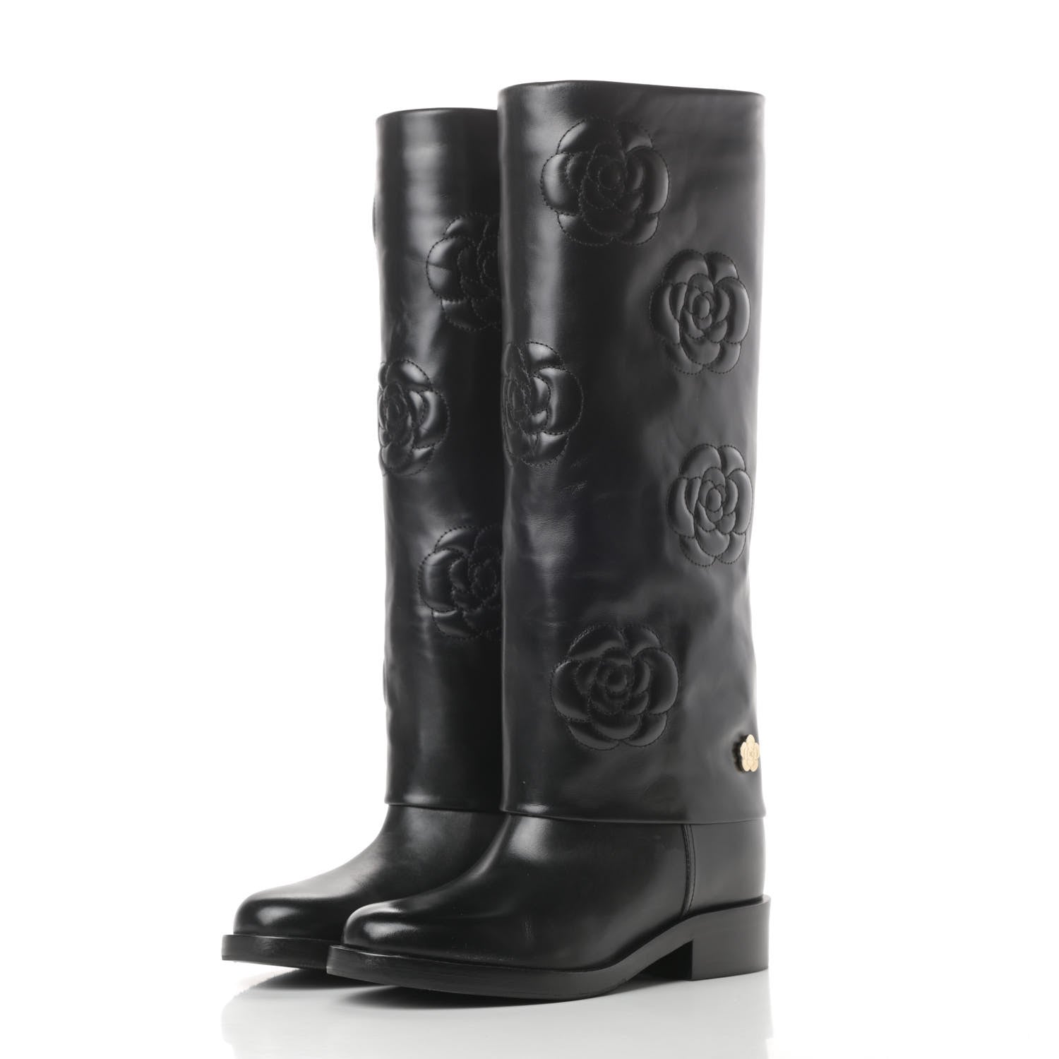 Chanel Calfskin Camellia High Boots 37.5 Black 3 of 12