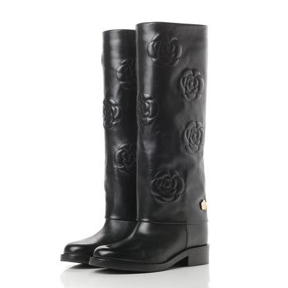 Chanel Calfskin Camellia High Boots 37.5 Black 3 of 12