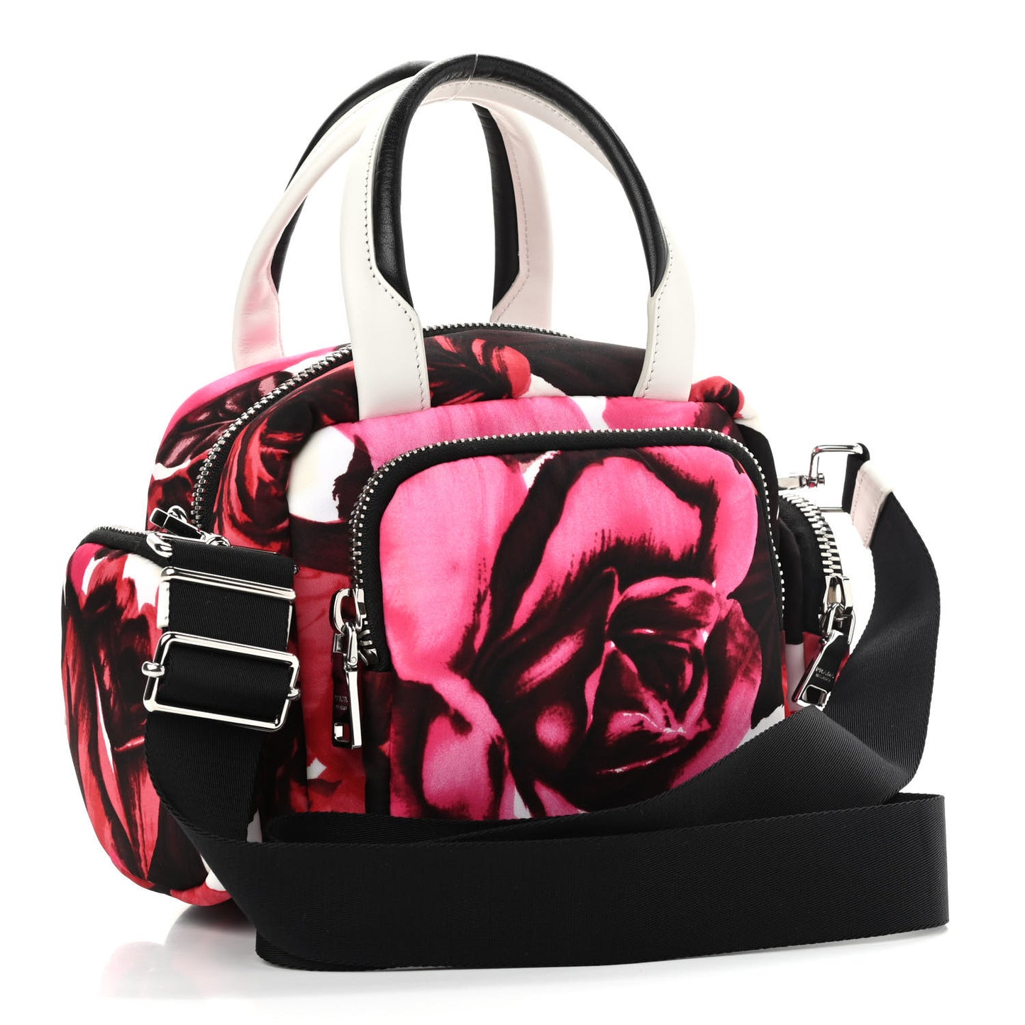 Tessuto Nylon Roses Print Pocket Top Handle Cargo Bag Pink