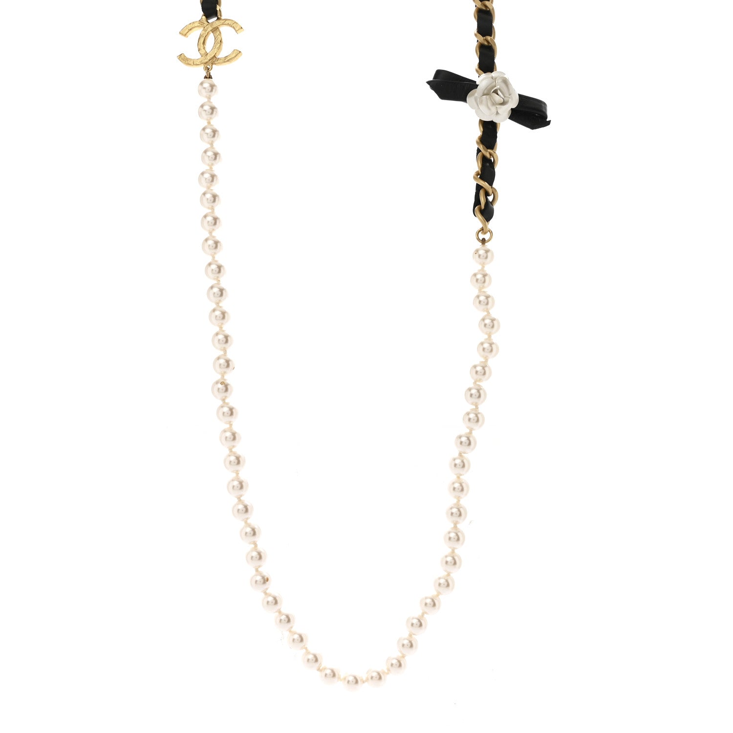 Chanel Pearl Lambskin CC Camellia Necklace Black Gold 1 of 6