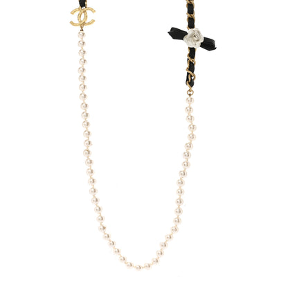 Chanel Pearl Lambskin CC Camellia Necklace Black Gold 1 of 6