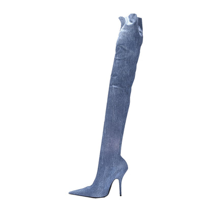 Balenciaga Denim Print Spandex Knife Over The Knee Boots 40 1 of 8