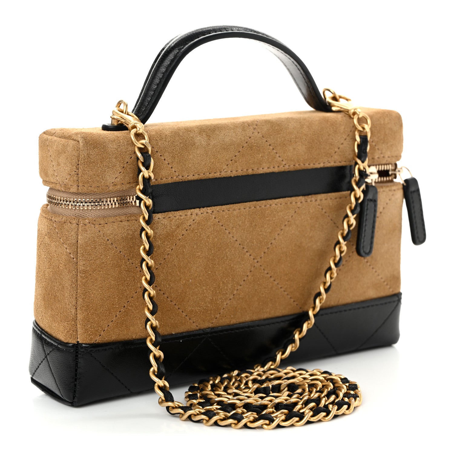Chanel Suede Calfskin Shiny Lambskin Quilted Top Handle Slim Vanity Case With Chain Beige Black 3 of 10