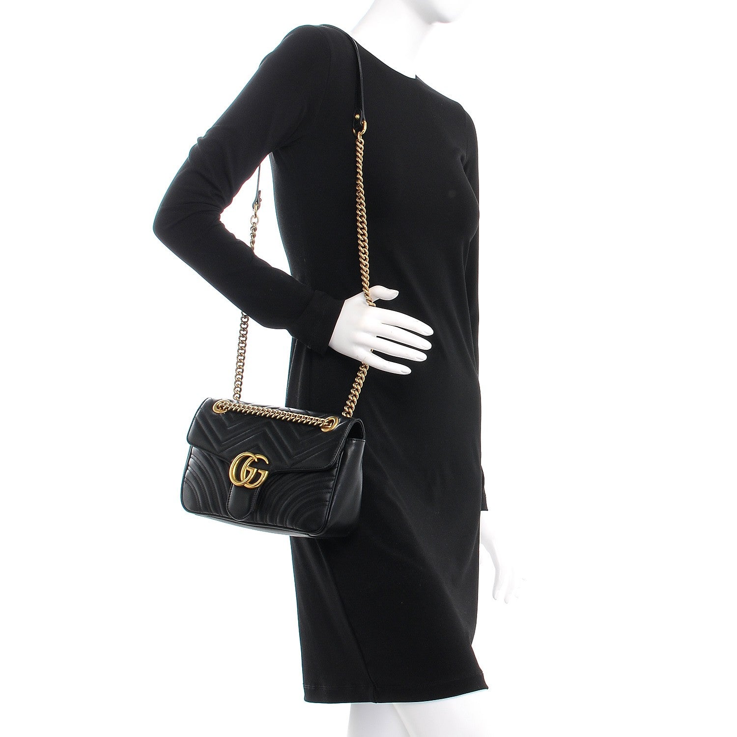 Gucci Calfskin Matelasse Small GG Marmont Shoulder Bag Black 2 of 7