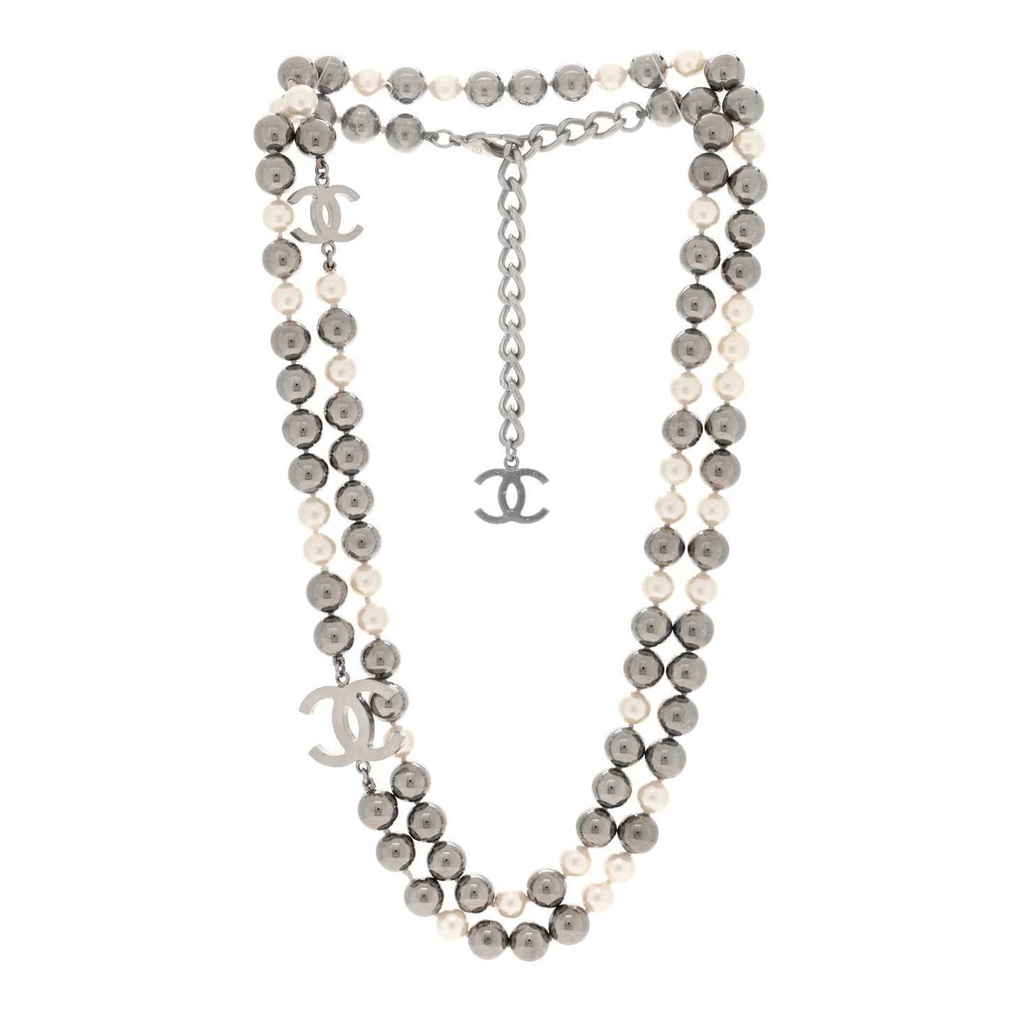 Metal Pearl CC Long Necklace Silver Pearly White Grey