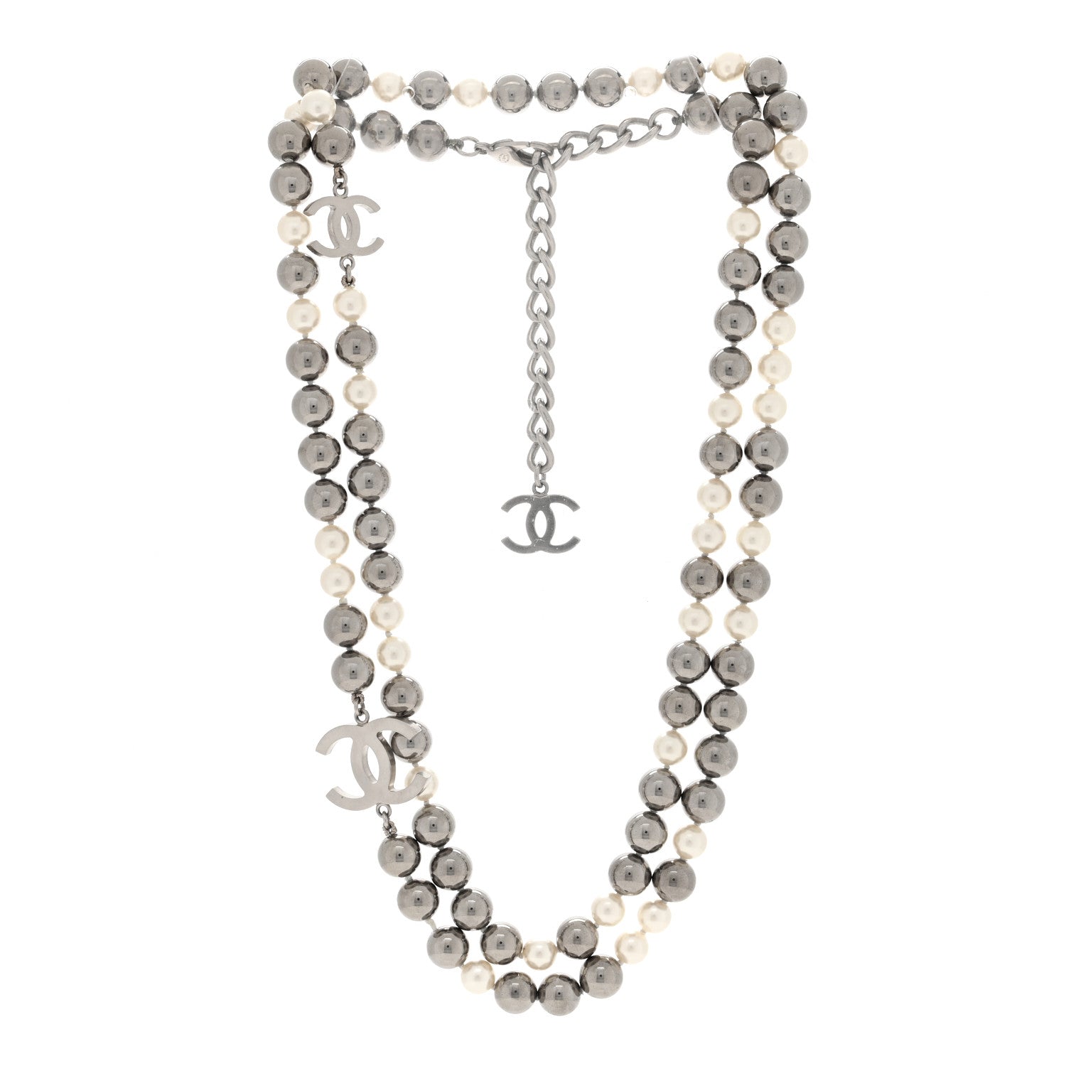 Chanel Metal Pearl CC Long Necklace Silver Pearly White Grey 3 of 4