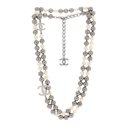 Chanel Metal Pearl CC Long Necklace Silver Pearly White Grey 3 of 4