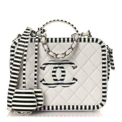 Chanel Caviar Quilted Striped Medium CC Filigree Vanity Case White Black 1 of 13