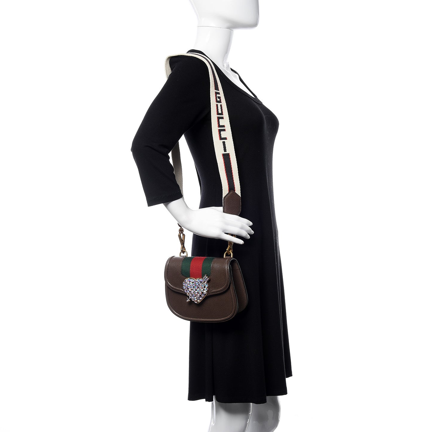 Textured Calfskin Web Crystal Heart Stripe Small Totem Shoulder Bag New Acero