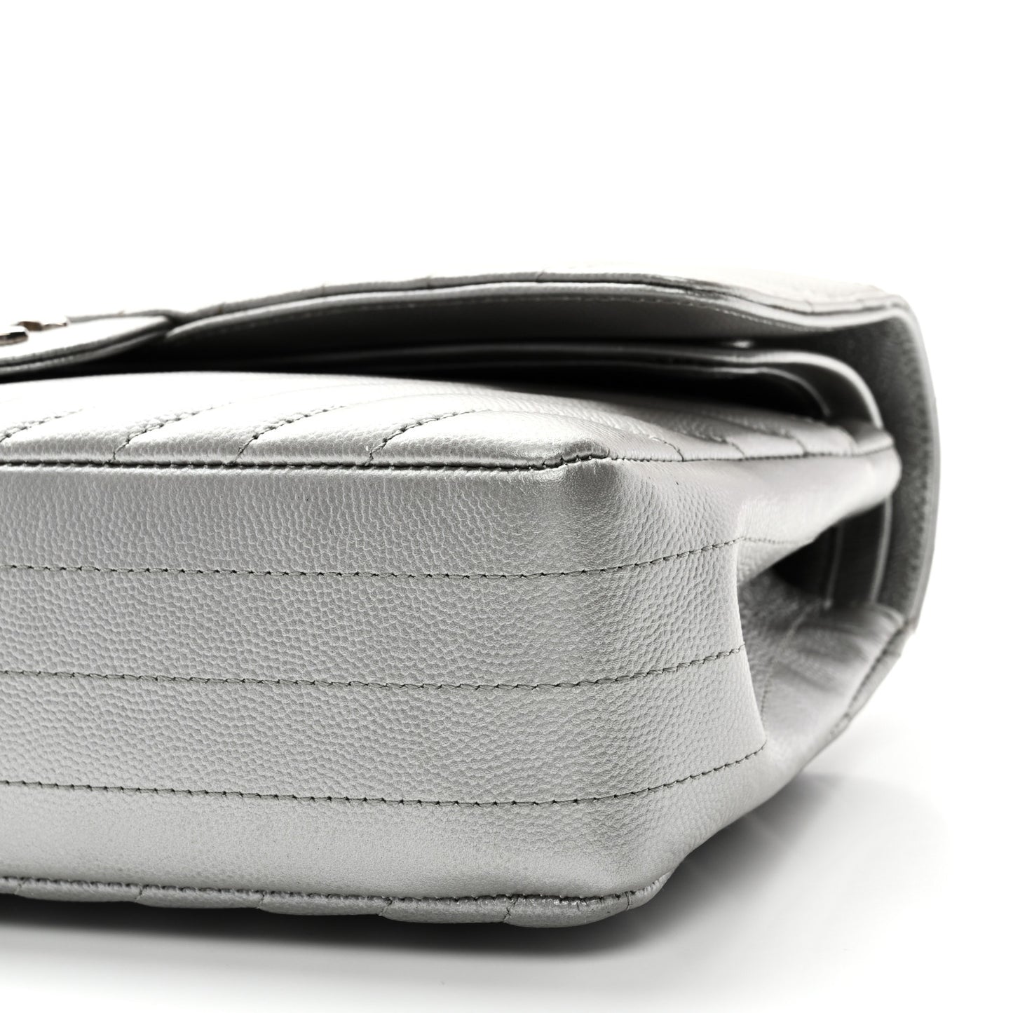 Metallic Caviar Chevron Quilted Medium Double Flap Silver