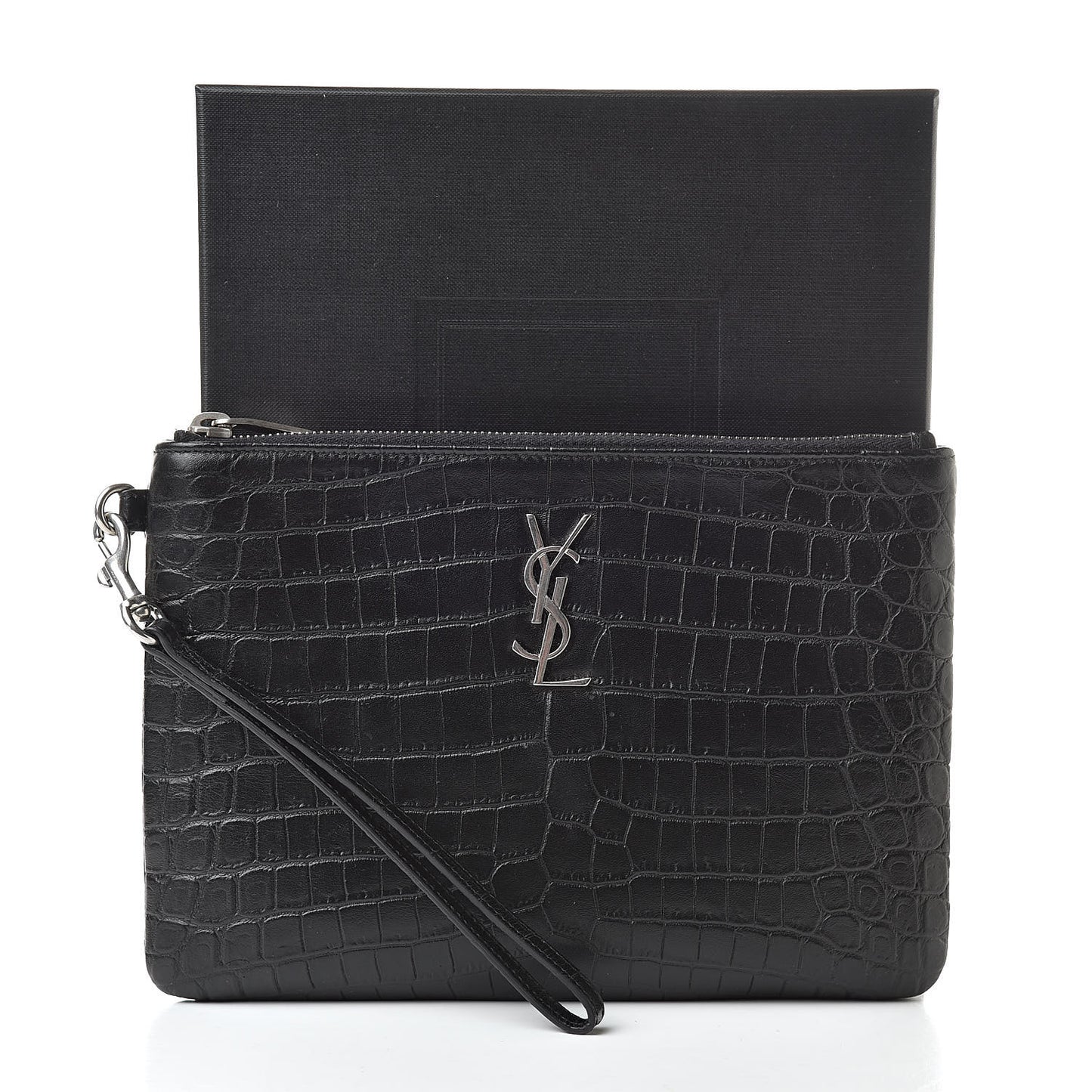 Calfskin Crocodile Embossed Monogram Zip Pouch Black