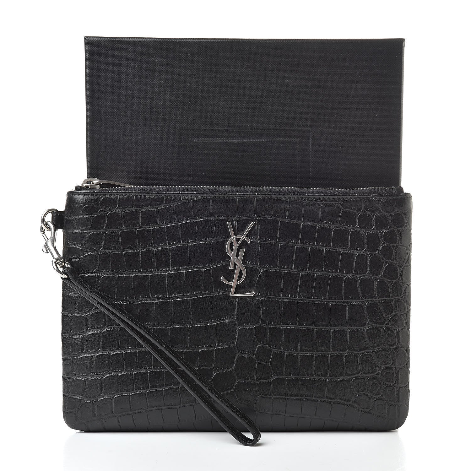 Saint Laurent Calfskin Crocodile Embossed Monogram Zip Pouch Black 8 of 8