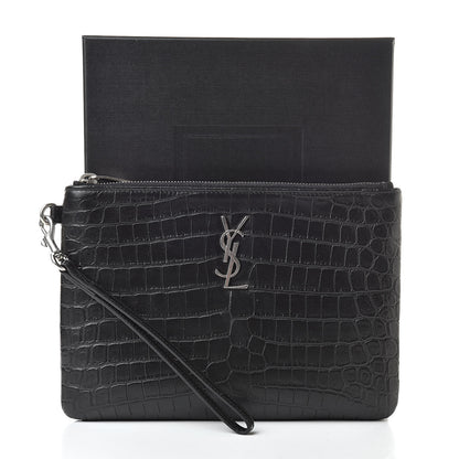 Saint Laurent Calfskin Crocodile Embossed Monogram Zip Pouch Black 8 of 8