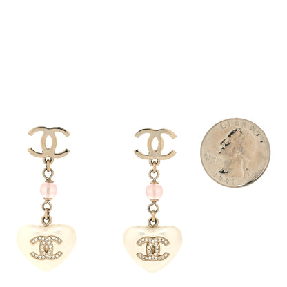 Chanel Pearl Crystal Bead CC Heart Drop Earrings Gold White Pink 2 of 4