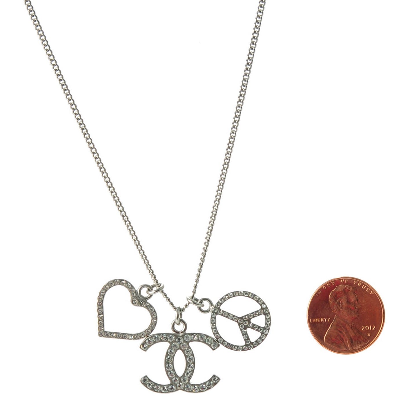 Crystal Heart Peace CC Charm Necklace Silver