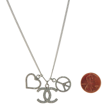 Chanel Crystal Heart Peace CC Charm Necklace Silver 3 of 4