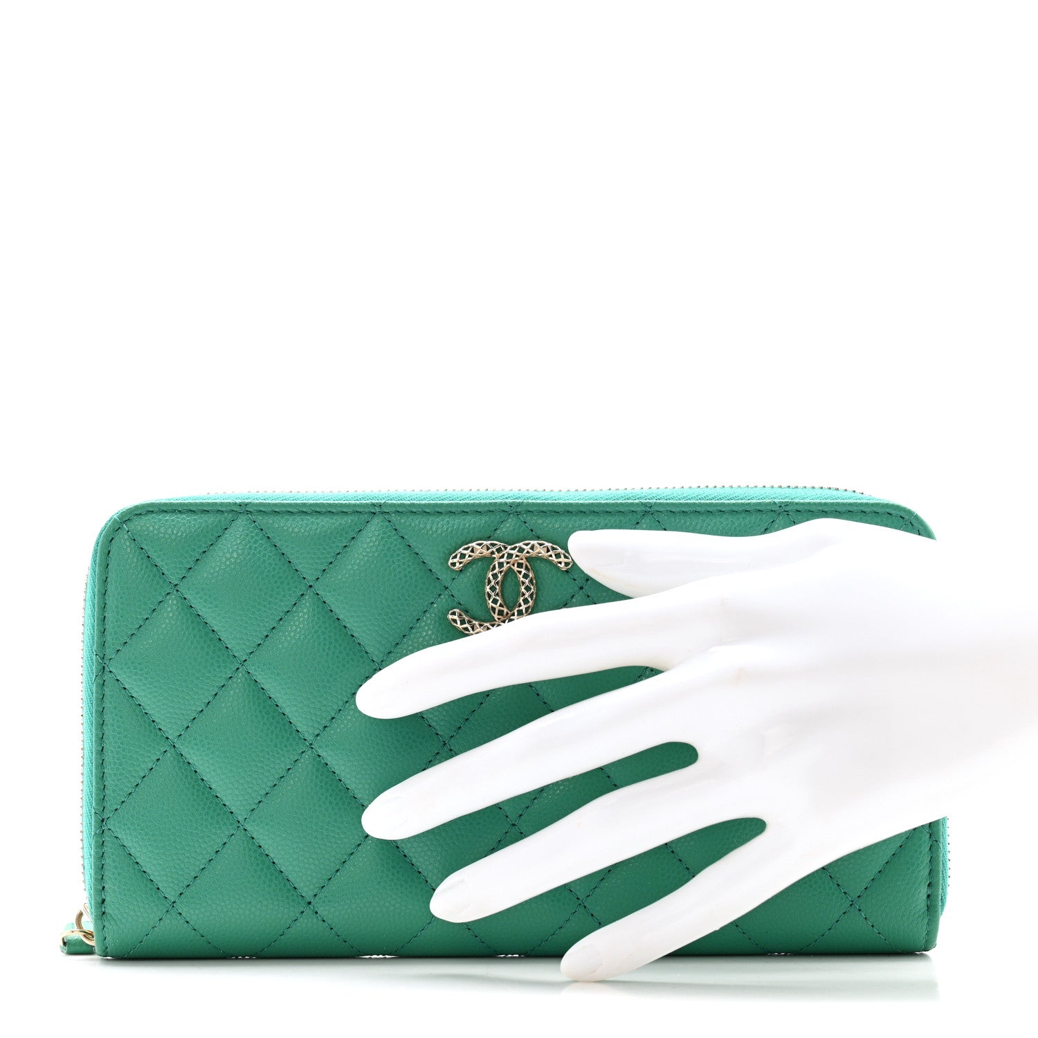Chanel Caviar Quilted Perforated CC Long Zipped Wallet Green 2 of 12