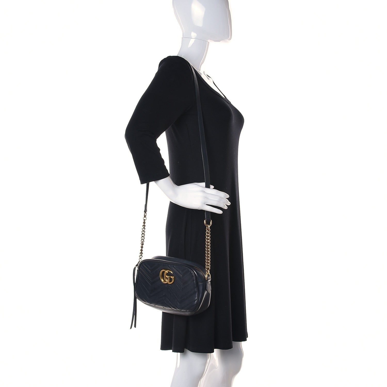 Gucci Calfskin Matelasse Small GG Marmont Chain Shoulder Bag Black 2 of 15