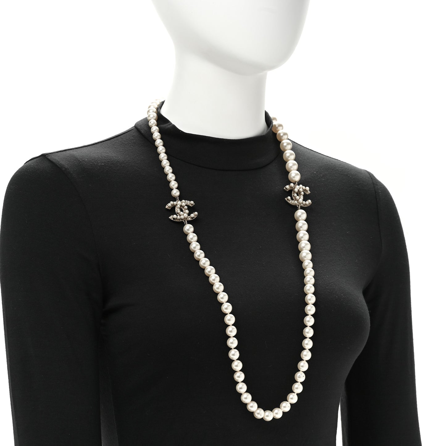 Crystal Pearl CC Long Necklace Gold