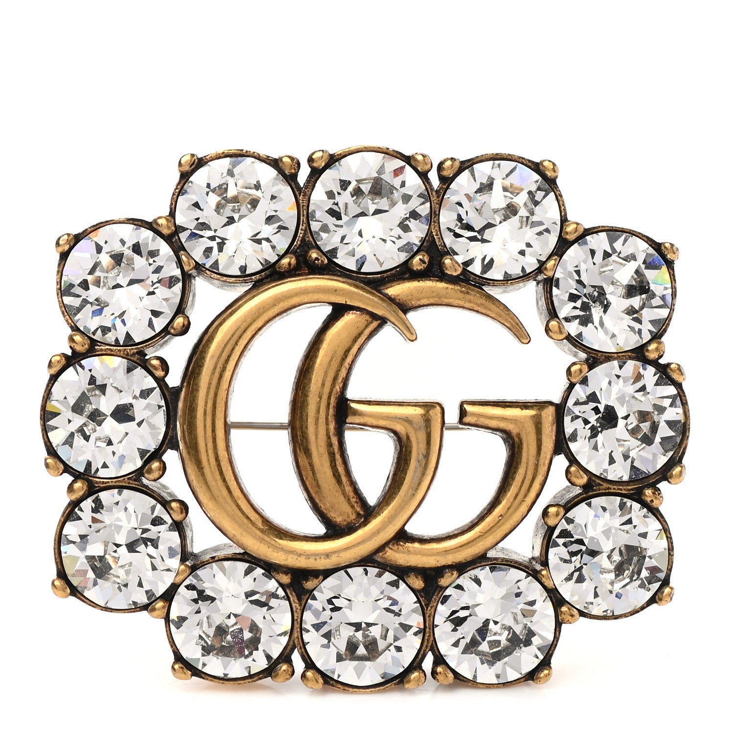 Gucci Metal Crystal Double G Brooch Aged Gold 1 of 4