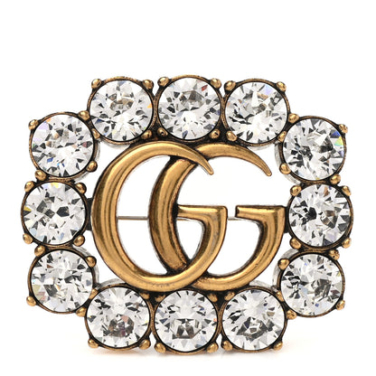Gucci Metal Crystal Double G Brooch Aged Gold 1 of 4