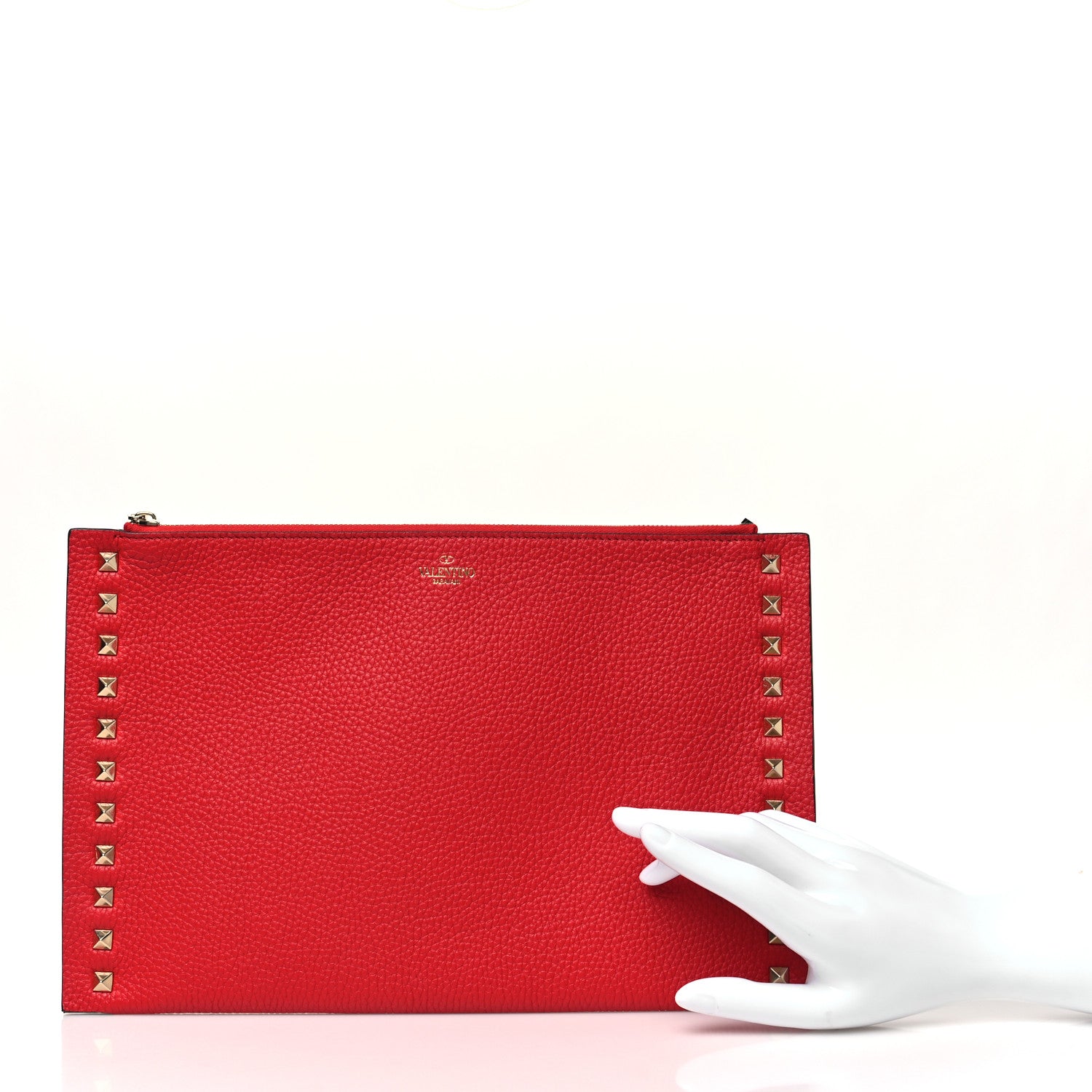 Valentino Garavani Pebbled Calfskin Large Rockstud Flat Zip Pouch Rouge Pur 2 of 7