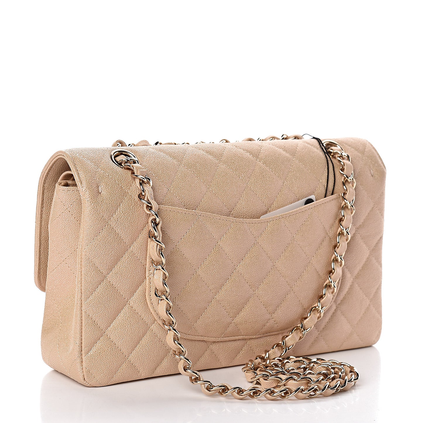 Iridescent Caviar Quilted Medium Double Flap Beige