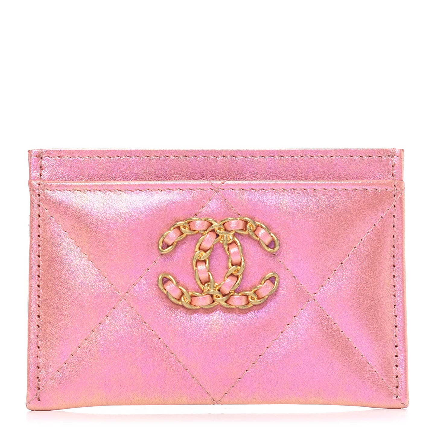 Iridescent Calfskin Quilted Chanel 19 Card Holder Pink