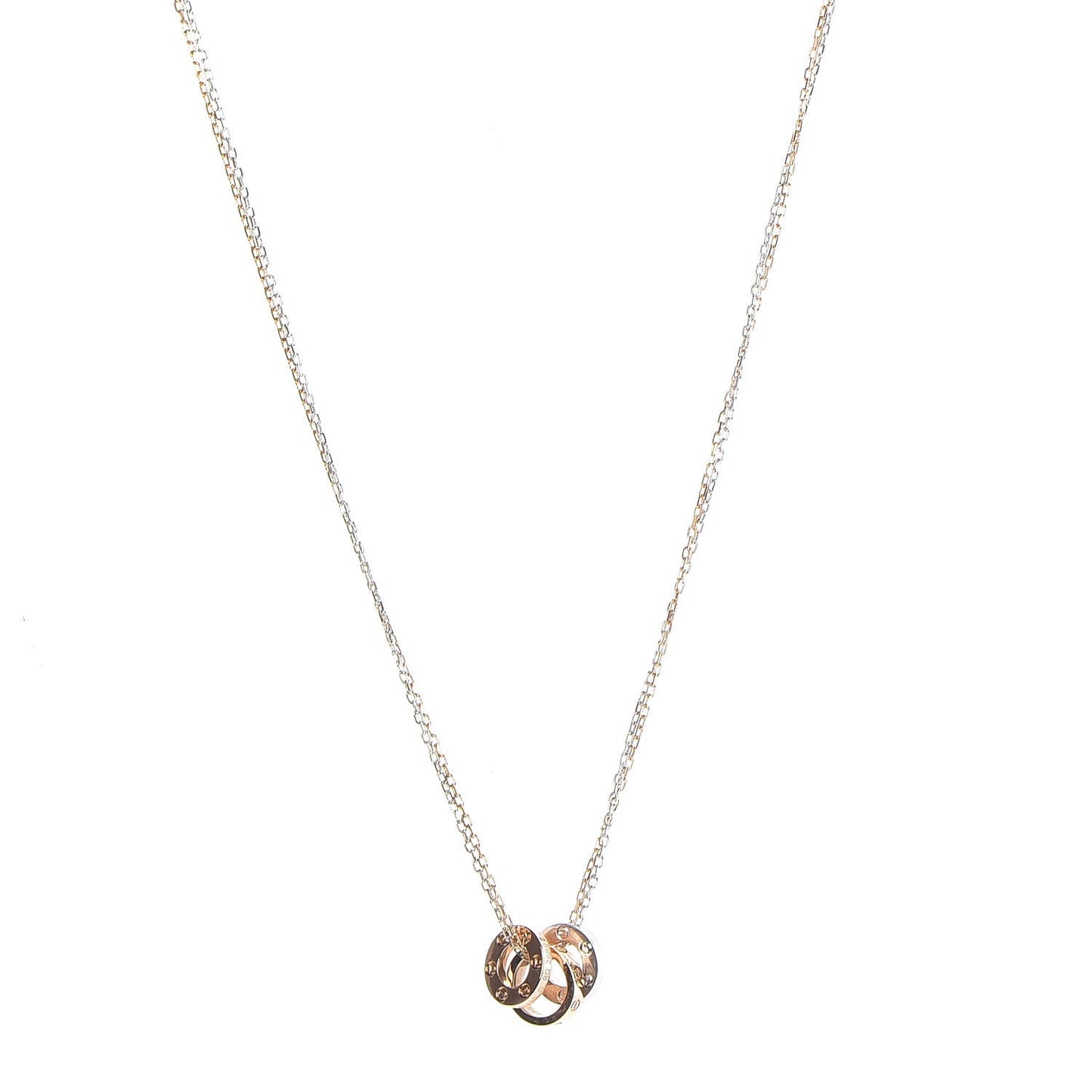 18K White Pink Gold Diamond Three Ring LOVE Pendant Necklace