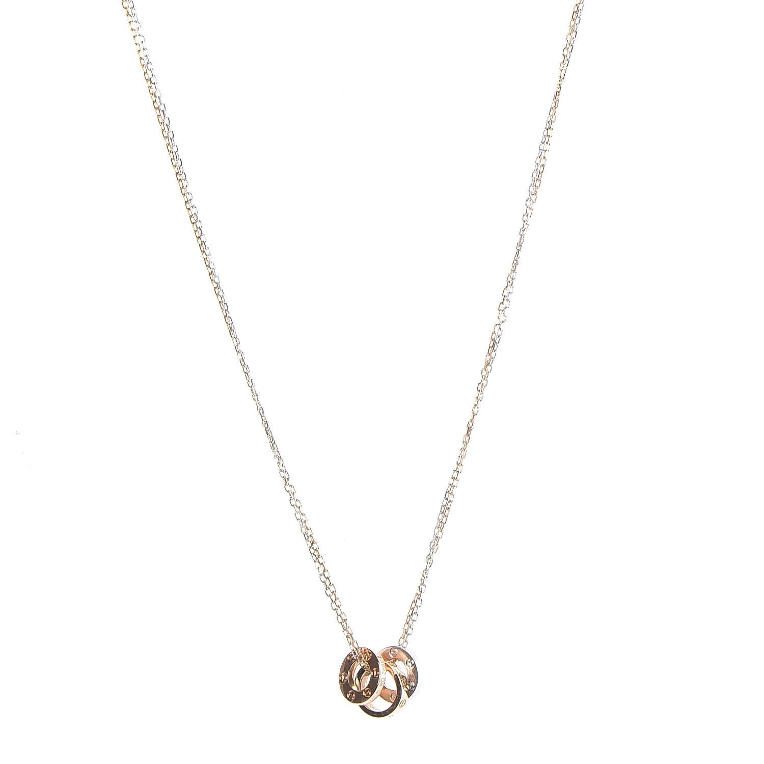Cartier 18K White Pink Gold Diamond Three Ring LOVE Pendant Necklace 1 of 7