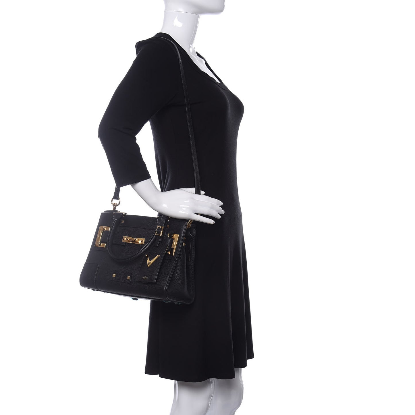 Grained Calfskin Twist Lock My Rockstud Shoulder Bag Black