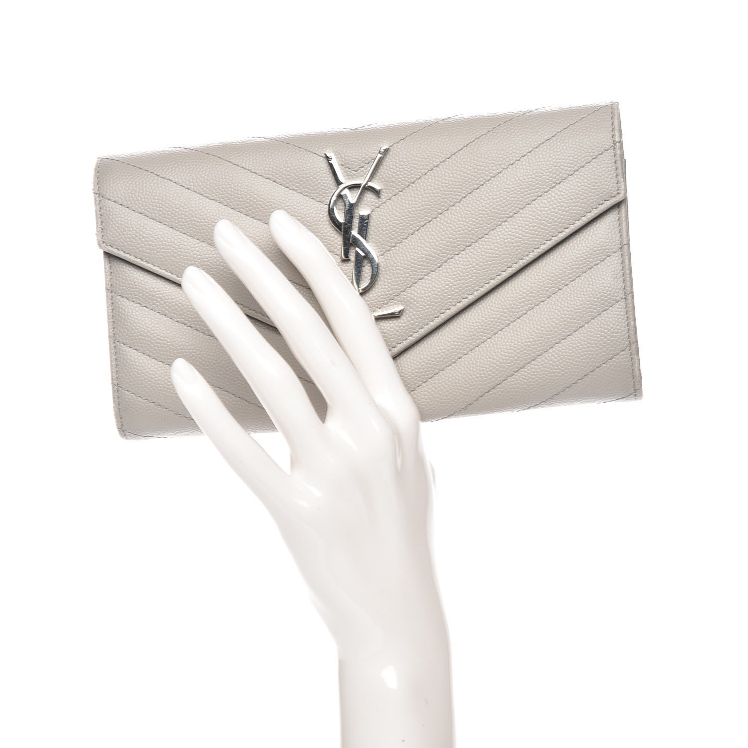 Saint Laurent Grain De Poudre Matelasse Monogram Flap Wallet Light Grey 2 of 14