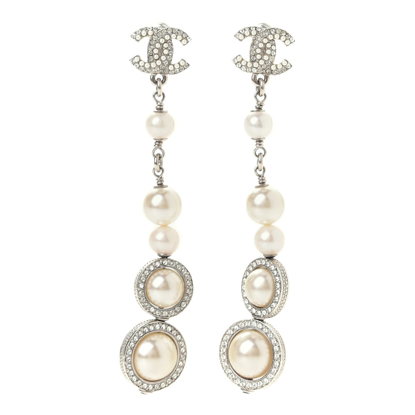 Crystal CC Pearl Drop Earrings Silver