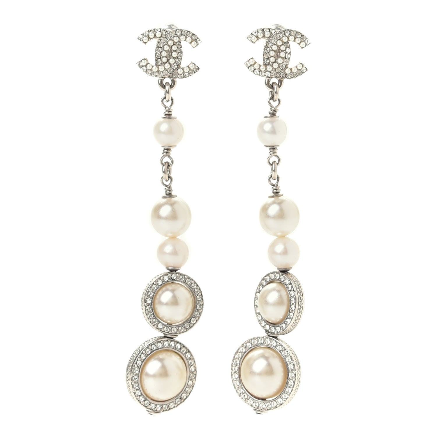 Chanel Crystal CC Pearl Drop Earrings Silver 2 of 7