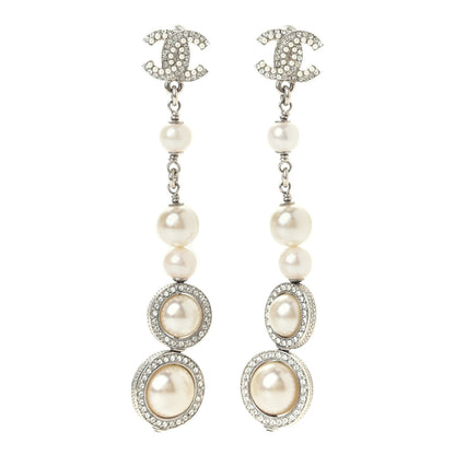 Chanel Crystal CC Pearl Drop Earrings Silver 2 of 7
